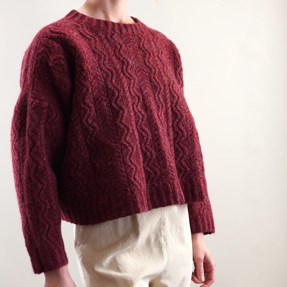 Chunky Knit Oversized Rustic Crop Sweater Magenta